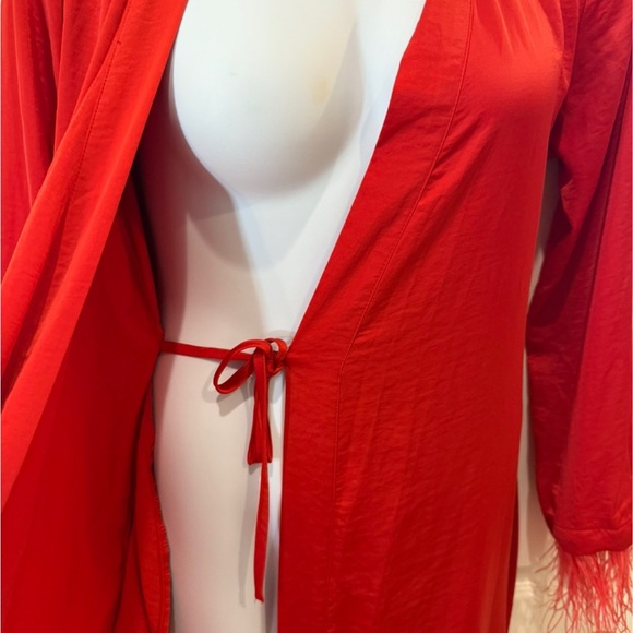 Auden Satin Red Women's Robe with Feather Sleeves, size Small - Picture 3 of 7
